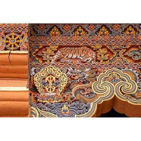 Bhutan Traditional hand painted and carved wooden architectural detail with tiger and dragon Black Modern Wood Framed Art Print by Hopkins, Cindy Miller