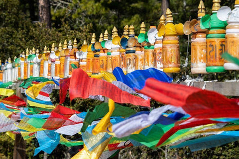 Bhutan-Paro Colorful prayer wheels and flags along the hiking trail to the Tigers Nest Monastery Black Ornate Wood Framed Art Print with Double Matting by Hopkins, Cindy Miller