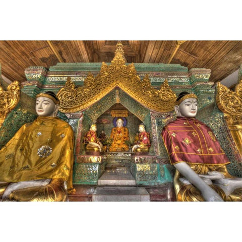 Myanmar, Yangon Buddhas in Shwedagon Temple Gold Ornate Wood Framed Art Print with Double Matting by Zuckerman, Jim