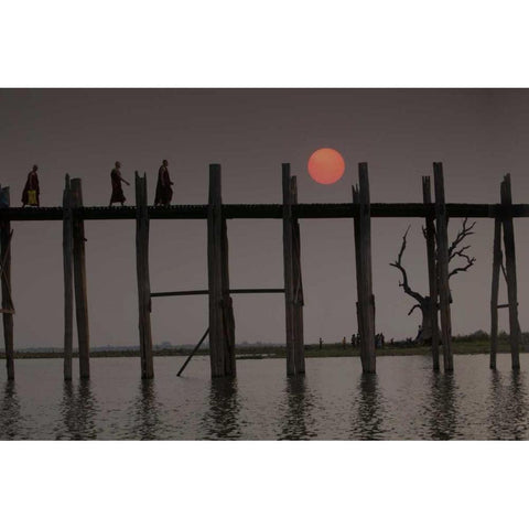 Myanmar, Amarapura Monks crossing U Bein Bridge Black Modern Wood Framed Art Print by Zuckerman, Jim
