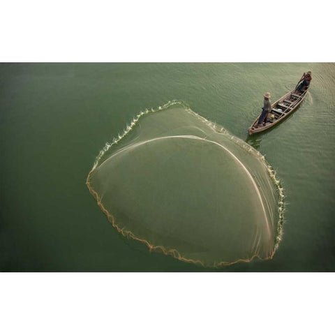 Myanmar, Fisherman casting net on Irrawaddy River Black Modern Wood Framed Art Print by Zuckerman, Jim