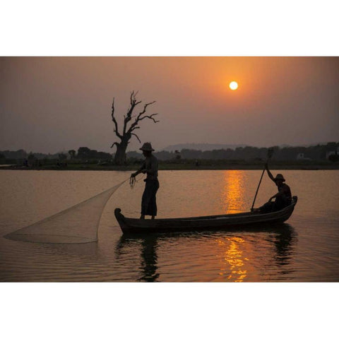 Myanmar, Amarapura Fishermen on Irrawaddy River White Modern Wood Framed Art Print by Zuckerman, Jim