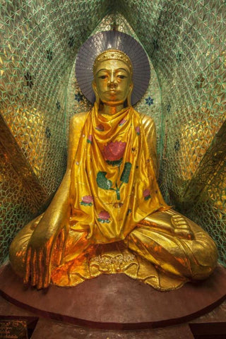 Myanmar, Yangon Buddha in Shwedagon Temple White Modern Wood Framed Art Print with Double Matting by Zuckerman, Jim