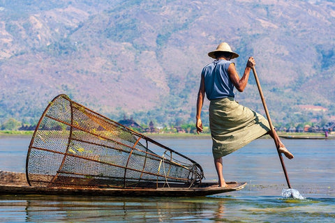 Inlay Lake-Shan State-Myanmar-Fisherman balances between his canoe and pole White Modern Wood Framed Art Print with Double Matting by Haseltine, Tom