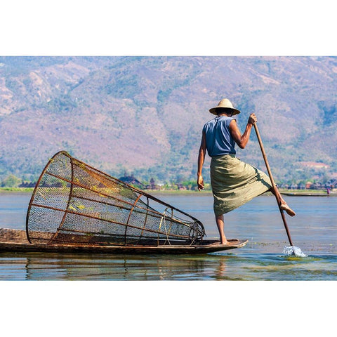 Inlay Lake-Shan State-Myanmar-Fisherman balances between his canoe and pole Black Modern Wood Framed Art Print with Double Matting by Haseltine, Tom