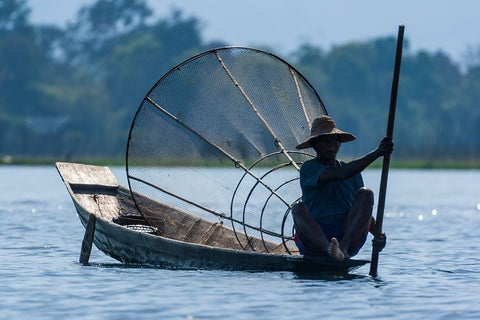 Inlay Lake-Shan State-Myanmar-Fisherman poles his canoe White Modern Wood Framed Art Print with Double Matting by Haseltine, Tom