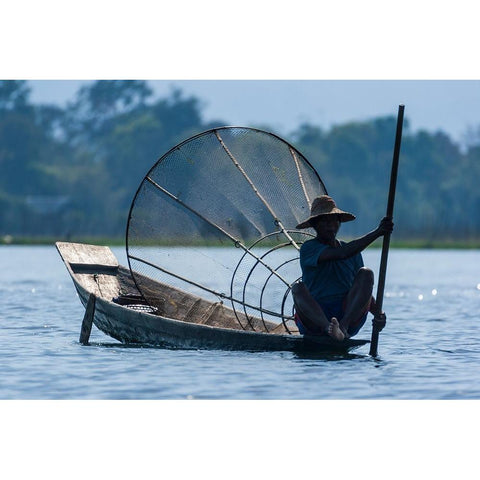 Inlay Lake-Shan State-Myanmar-Fisherman poles his canoe Black Modern Wood Framed Art Print by Haseltine, Tom