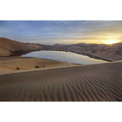China Sunrise over the Badain Jaran Desert White Modern Wood Framed Art Print by Anon, Ellen