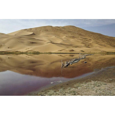 China, Badain Jaran Desert Dune reflects in lake White Modern Wood Framed Art Print by Anon, Ellen