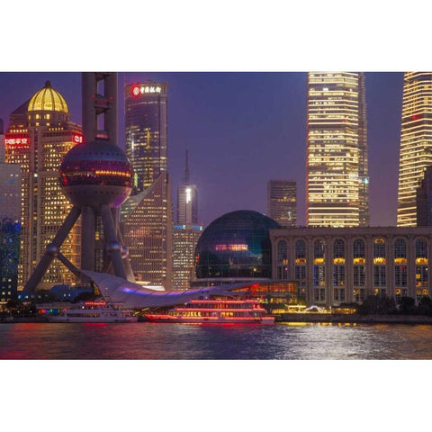 China, Shanghai Downtown buildings at night White Modern Wood Framed Art Print by Zuckerman, Jim