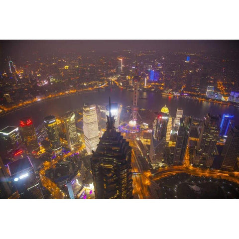 China, Shanghai Downtown buildings at night Black Modern Wood Framed Art Print by Zuckerman, Jim