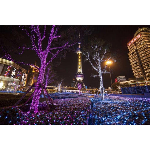 China, Shanghai Artistic light display at night White Modern Wood Framed Art Print by Zuckerman, Jim