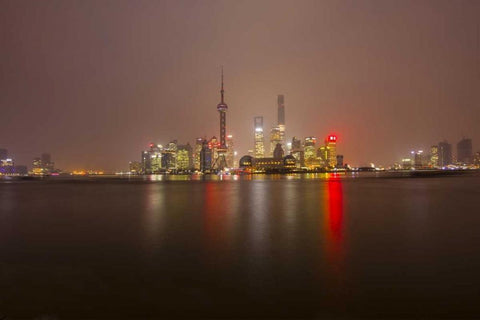 China, Shanghai Downtown buildings at night White Modern Wood Framed Art Print with Double Matting by Zuckerman, Jim