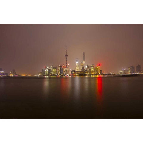 China, Shanghai Downtown buildings at night Black Modern Wood Framed Art Print by Zuckerman, Jim