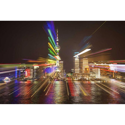 China, Shanghai Downtown buildings at night White Modern Wood Framed Art Print by Zuckerman, Jim