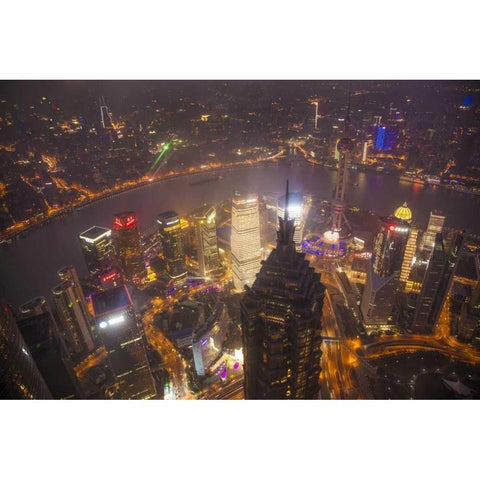 China, Shanghai Downtown buildings at night Black Modern Wood Framed Art Print by Zuckerman, Jim