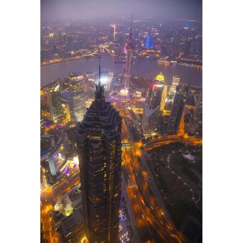 China, Shanghai Downtown buildings at night Gold Ornate Wood Framed Art Print with Double Matting by Zuckerman, Jim