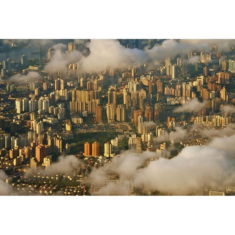 Aerial view of Shanghai-China Gold Ornate Wood Framed Art Print with Double Matting by Su, Keren
