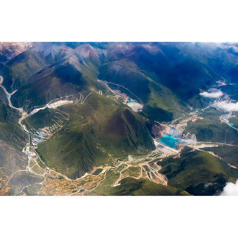 Aerial view of village and barley field in Lhasa Valley-Tibet-China Black Modern Wood Framed Art Print by Su, Keren