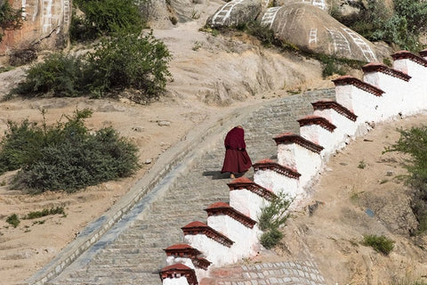 Monk walking the stairs in Drepung Monastery-Gelug university monasteries of Tibet-Lhasa-Tibet-China White Modern Wood Framed Art Print with Double Matting by Su, Keren
