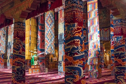 Inside a praying hall in Drepung Monastery-Gelug university monasteries of Tibet-Lhasa-Tibet-China White Modern Wood Framed Art Print with Double Matting by Su, Keren