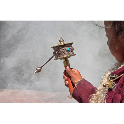 Tibetan girl-prayer wheel-Drepung Monastery-Gelug university monasteries of Tibet-Lhasa-Tibet-China Black Modern Wood Framed Art Print by Su, Keren