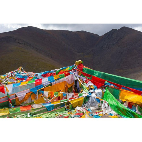 Prayer flags on Tibetan Plateau with Tanggula Mountain-Namtso-Lake Nam-Tibet-China Black Modern Wood Framed Art Print by Su, Keren