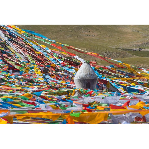 Prayer flags with juniper incense burner on Tibetan Plateau-Namtso-Lake Nam-Tibet-China White Modern Wood Framed Art Print by Su, Keren