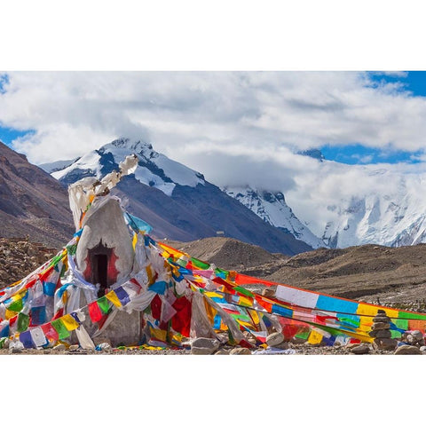 Mani pile and prayer flags in Rongbuk Valley-Lhotse peak-Mt-Everest-Shigatse Prefecture-Tibet-China White Modern Wood Framed Art Print by Su, Keren