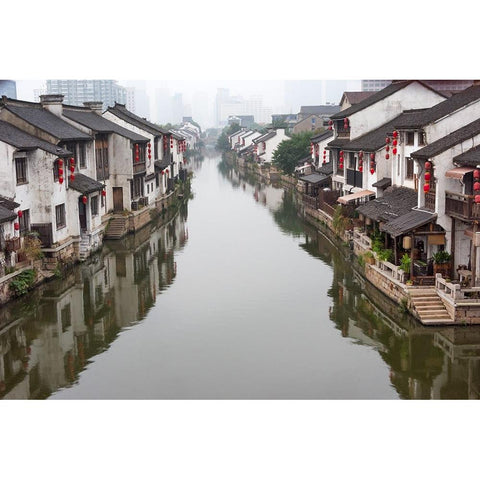Traditional houses along the Grand Canal-Wuxi-Jiangsu Province-China Black Modern Wood Framed Art Print by Su, Keren