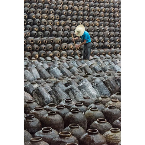 Man in the middle of big pile of wine jars-Wuxi-Jiangsu Province-China Black Modern Wood Framed Art Print by Su, Keren