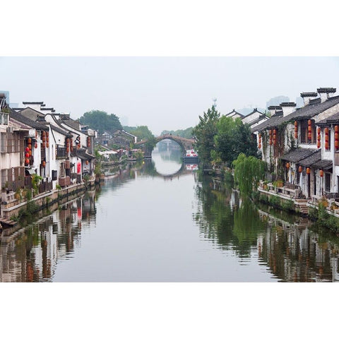 Traditional house and stone bridge on the Grand Canal-Wuxi-Jiangsu Province-China Black Modern Wood Framed Art Print with Double Matting by Su, Keren