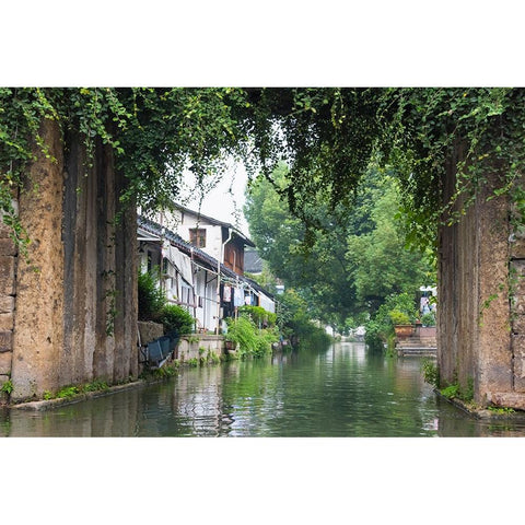 Stone bridge and traditional houses on the Grand Canal-Shaoxing-Zhejiang Province-China White Modern Wood Framed Art Print by Su, Keren