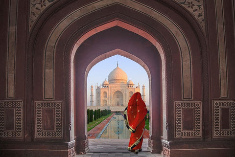 India-Agra-Taj Mahal-Composite of woman in archway facing mausoleum White Modern Wood Framed Art Print with Double Matting by Jaynes Gallery