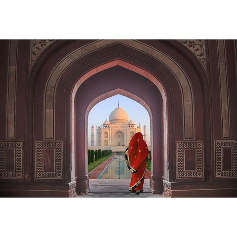 India-Agra-Taj Mahal-Composite of woman in archway facing mausoleum Black Modern Wood Framed Art Print by Jaynes Gallery