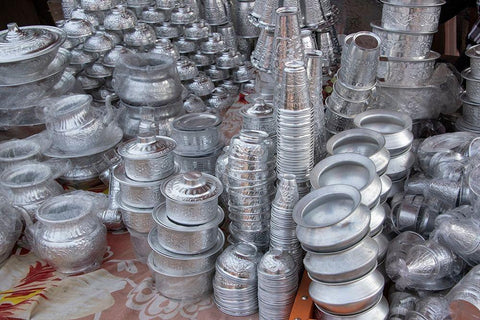 India-Delhi-Old Delhi Aluminum vendor-detail of goods for sale White Modern Wood Framed Art Print with Double Matting by Hopkins, Cindy Miller