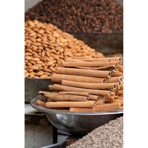 India-Delhi-Old Delhi Old Delhi street market Mixed nuts-spices and cinnamon sticks Black Modern Wood Framed Art Print with Double Matting by Hopkins, Cindy Miller