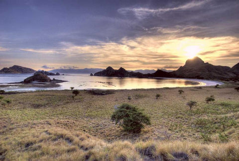 Indonesia, Komodo NP Sunset over an islands White Modern Wood Framed Art Print with Double Matting by Shimlock, Jones