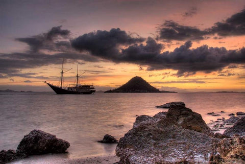 Indonesia, Komodo NP Sunset on a schooner Black Ornate Wood Framed Art Print with Double Matting by Shimlock, Jones