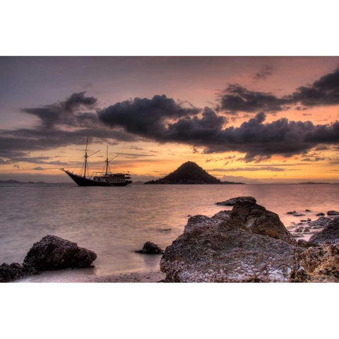 Indonesia, Komodo NP Sunset on a schooner Gold Ornate Wood Framed Art Print with Double Matting by Shimlock, Jones