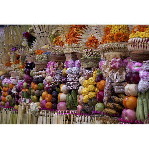 Indonesia, Offerings at Pura Samuan Tiga temple Black Modern Wood Framed Art Print by Shimlock, Jones