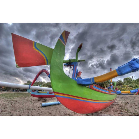 Indonesia, Bali Outrigger boats on beach Black Modern Wood Framed Art Print by Shimlock, Jones