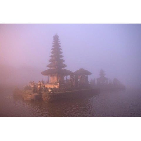 Indonesia-Bali Foggy sunset on Pura Ulun Danu temple on Lake Bratan Black Modern Wood Framed Art Print by Jaynes Gallery