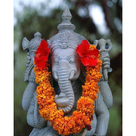 Indonesia-Bali Garland on statue of the Hindu elephant god-Ganesh Black Modern Wood Framed Art Print by Jaynes Gallery