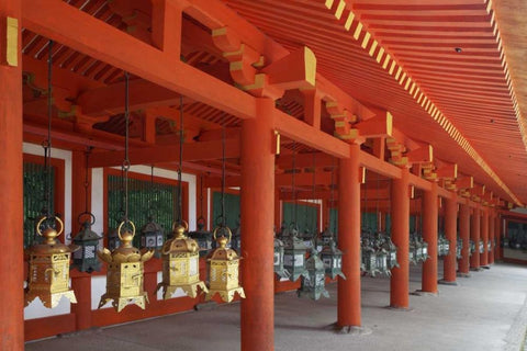 Japan, Nara Lanterns at Kasuga Taisha Shrine Black Ornate Wood Framed Art Print with Double Matting by Flaherty, Dennis