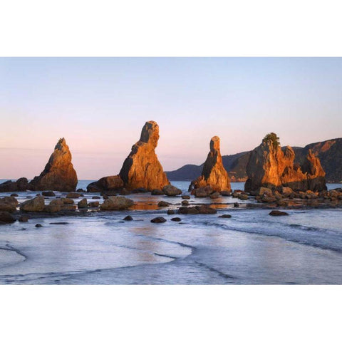 Japan, Wakagama Hashiguiiwa Rocks at sunset Black Modern Wood Framed Art Print with Double Matting by Flaherty, Dennis