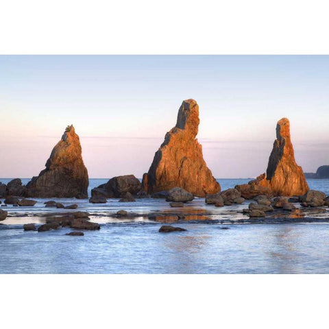 Japan, Wakagama Hashiguiiwa Rocks at sunset Black Modern Wood Framed Art Print with Double Matting by Flaherty, Dennis