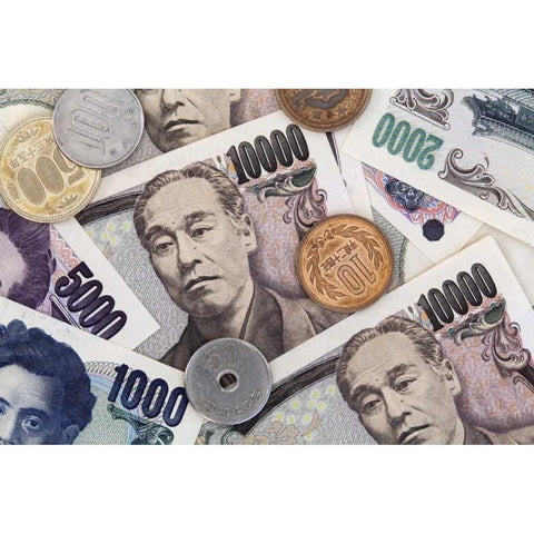 Japan Japanese paper currency and coins White Modern Wood Framed Art Print by Flaherty, Dennis