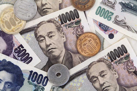 Japan Japanese paper currency and coins White Modern Wood Framed Art Print with Double Matting by Flaherty, Dennis