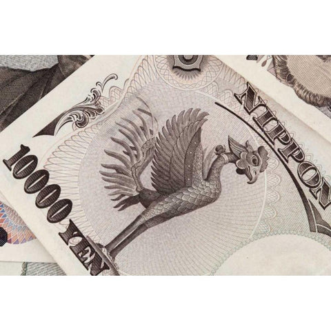 Japan Detail of Japanese paper currency, the Yen White Modern Wood Framed Art Print by Flaherty, Dennis